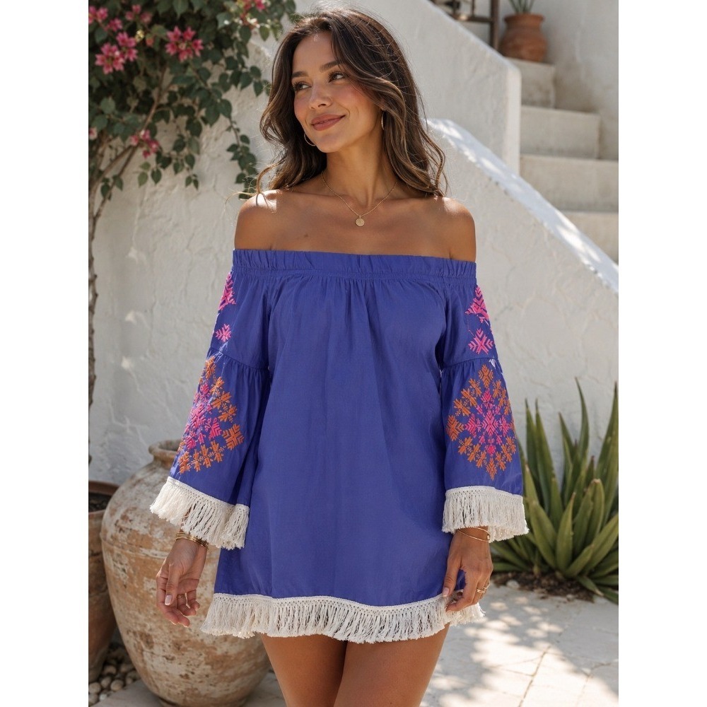 Velzera Medium Purple Tunic Dress Off Shoulder Aztec Embroidery Fringe Bohemian